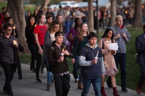 Hundreds attend a candle light vigil for shooting victim, ChenWei Guo at the University of Utah in Salt Lake City on November 1, 2017Copyright: The University of Utah